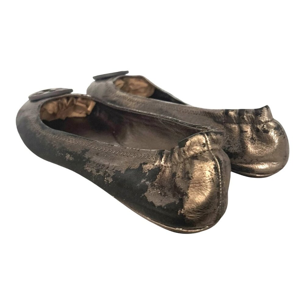 Tory Burch Minnie Leather Ballet Flats 8 Pewter Grey Metallic Logo Luxury - Picture 8 of 10